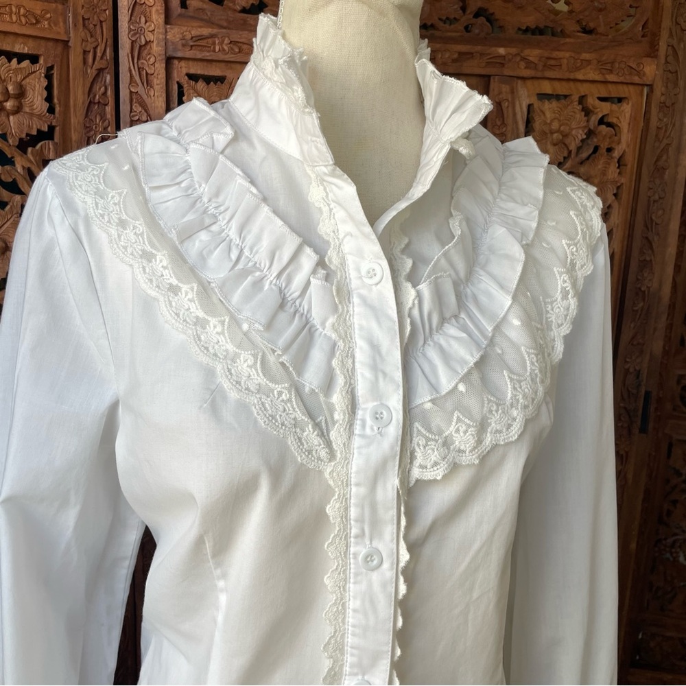 White Ruffled Victorian Edwardian Western lace trim crochet button down Blouse - Picture 7 of 14